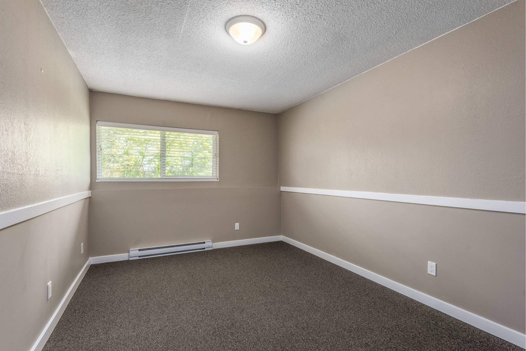 A room with a window and carpeted floor.