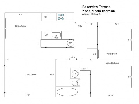 A floor plan for a bakerview terrace with two bedrooms and one bathroom.