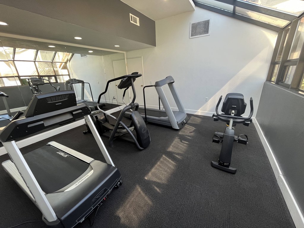 a gym with treadmills and other exercise equipment