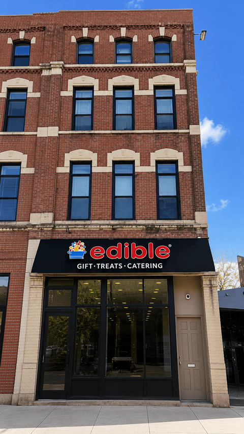 A tall building with a black awning that says "Edible Gift Treats Catering".