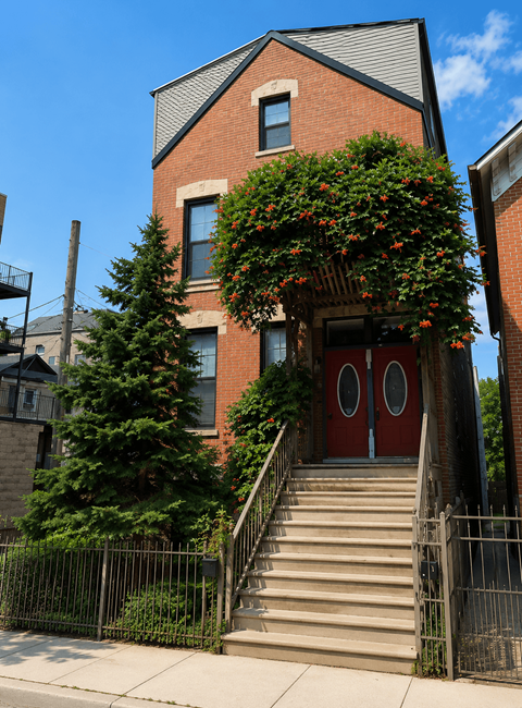 A red door with a staircase leading to it.