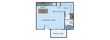 Studio 1 bed floor plan of a house with a bedroom and a living room at Cityscape, Dallas, TX