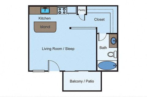 Studio 1 bed floor plan of a house with a bedroom and a living room at Cityscape, Dallas, TX