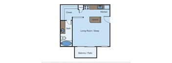 Studio 1 bed A floor plan of a house with a bedroom and a living room at Cityscape, Dallas, TX