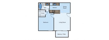 1 bed 1 bath A floor plan of a bedroom apartment with a living room and a dining room at Cityscape, Dallas, TX