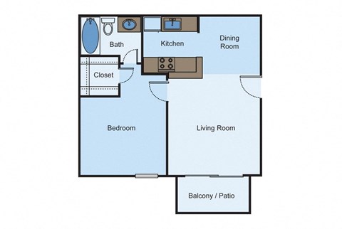 1 bed 1 bath A floor plan of a bedroom apartment with a living room and a dining room at Cityscape, Dallas, TX