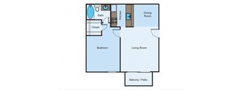 1 bed 1 bath floor plan of a studio apartment with a bedroom and a living room at Cityscape, Dallas, TX