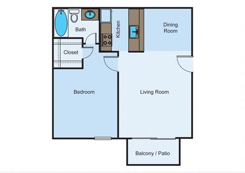 1 bed 1 bath floor plan of a studio apartment with a bedroom and a living room at Cityscape, Dallas, TX