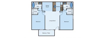 2 bed 2 bath floor plan of a room with a bedroom and a living room at Cityscape, Dallas, TX