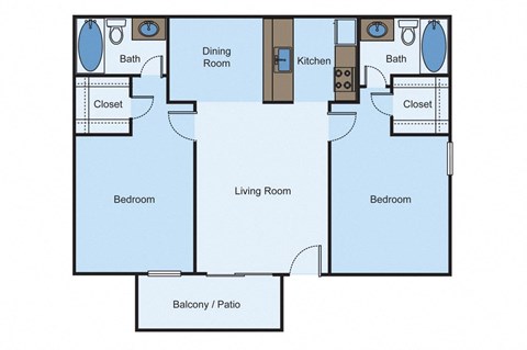 2 bed 2 bath floor plan of a room with a bedroom and a living room at Cityscape, Dallas, TX