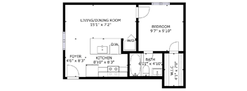 1 bed 1 bath floor plan L at The Eastern Apartments, Texas
