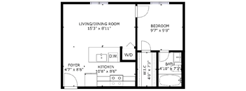 1 bed 1 bath floor plan M at The Eastern Apartments, Dallas, TX, 75204