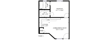 1 bed 1 bath floor plan P at The Eastern Apartments, Dallas, Texas