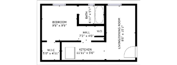 1 bed 1 bath floor plan A at The Eastern Apartments, Dallas, Texas