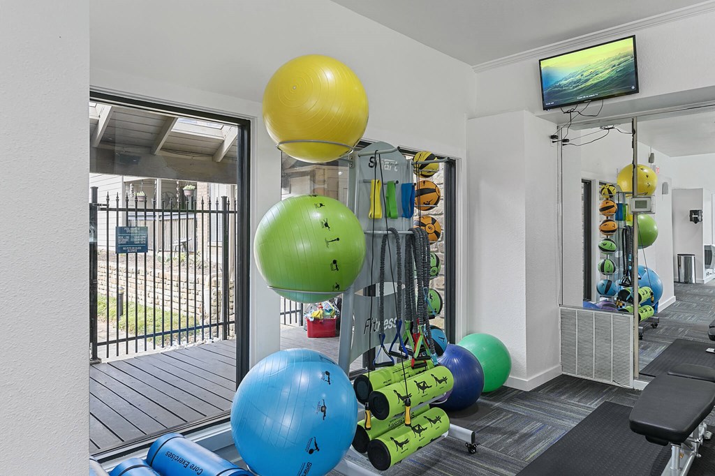 a workout room with weights and balls and a television at Lakeside Apartments, Dallas, TX