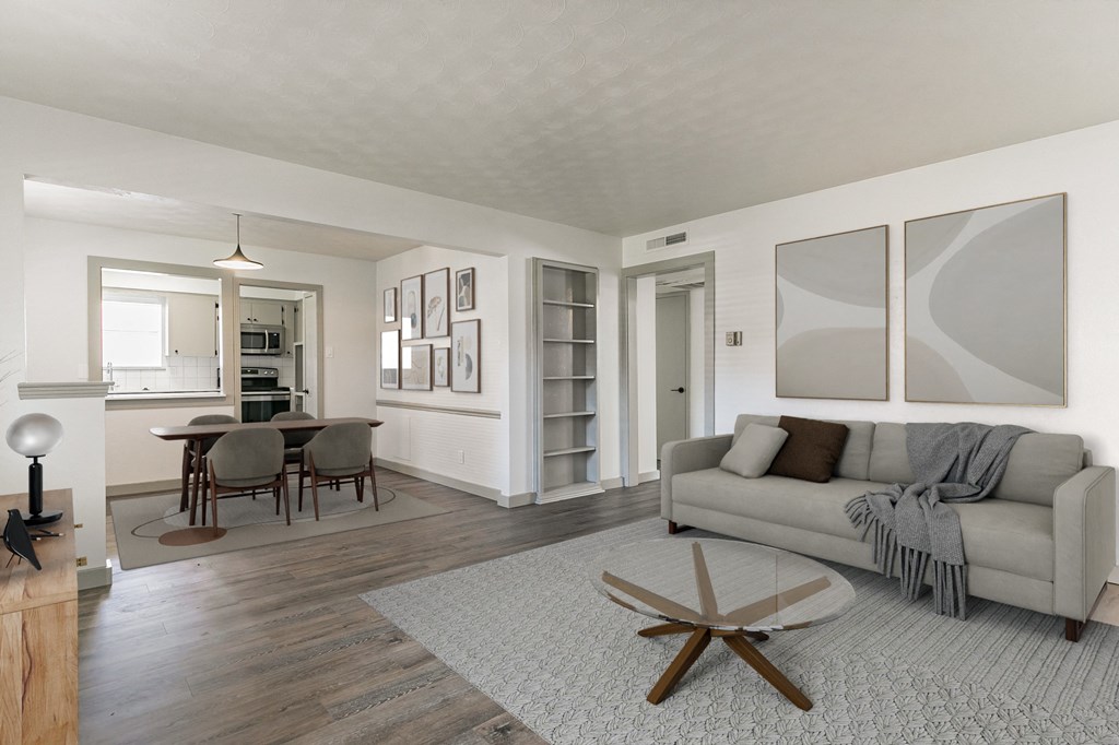 a living room with a couch and a table