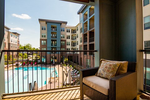 Private balcony overlooking the pool deck at Liberty Mill in Germantown, MD