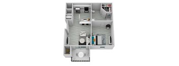 A top down view of a small apartment with a kitchen, living room, and bathroom.