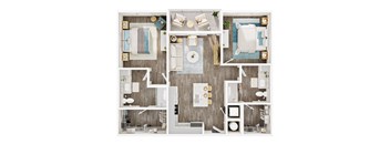 A top-down view of a modern, well-organized apartment with a kitchen, living room, and bathroom. at Allegra at Cocoa in Cocoa, FL, 32926