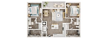 A top-down view of a modern, well-organized apartment with a kitchen, living room, and bathroom. at Allegra at Cocoa in Cocoa, FL, 32926