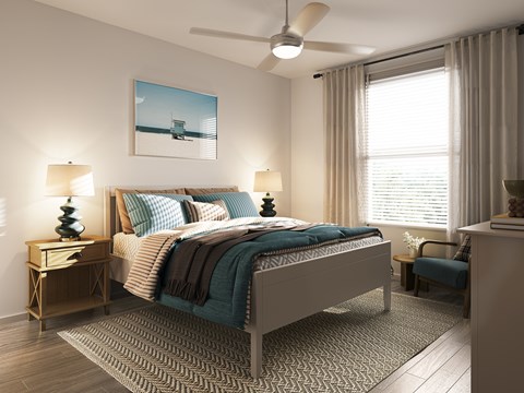 A bedroom with a bed, a chair, and a painting on the wall at Allegra at Cocoa in Cocoa, FL, 32926