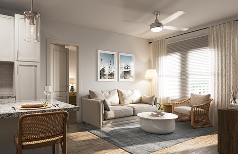 A modern living room with a dining area and a kitchen in the background.