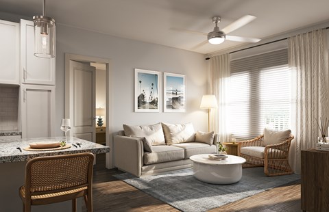 A modern living room with a dining table and a sofa.