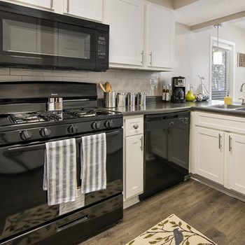 Model kitchen with modern black appliances, a tile backsplash and wood grain style flooring at Forest Pointe Apartments in Macon, GA