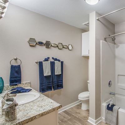 Model bathroom with a tub and shower with a vanity and sink at Pelican Pointe Apartments in Slidell, LA