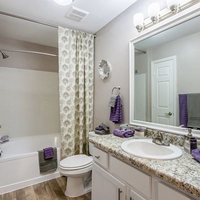 Model bathroom with a tub and shower with a vanity and sink at Pelican Pointe Apartments in Slidell, LA
