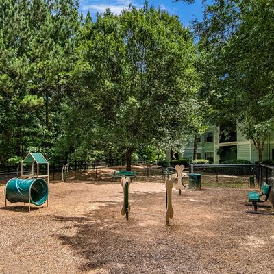 Fenced in dog park with benches and agility equipment at Heritage at Riverstone Apartments in Canton, GA