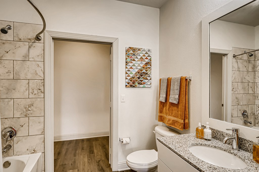 Bathroom with granite counters and closet at EOS in Orlando, FL