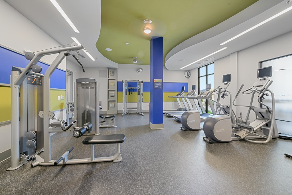 a room filled with exercise equipment and a ceiling with a green and blue color