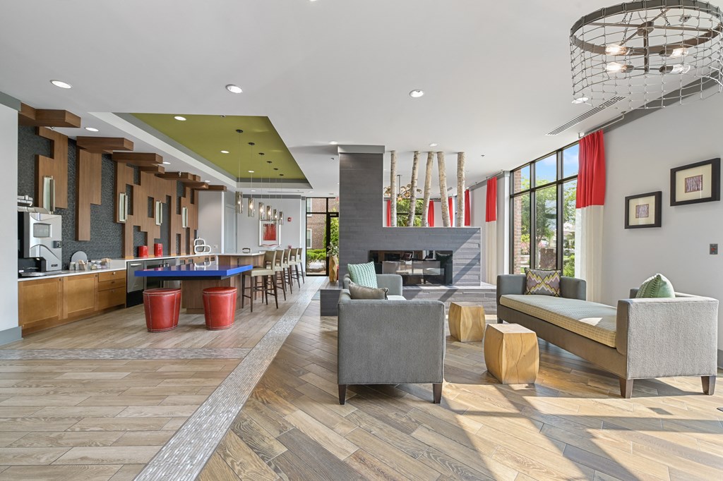 a rendering of the lobby at the flats at big tex apartments in san antonio