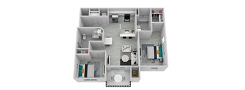 A floor plan of a house with a kitchen, living room, and bathroom.
