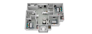A floor plan of a house with a kitchen, living room, dining room, and bedrooms.