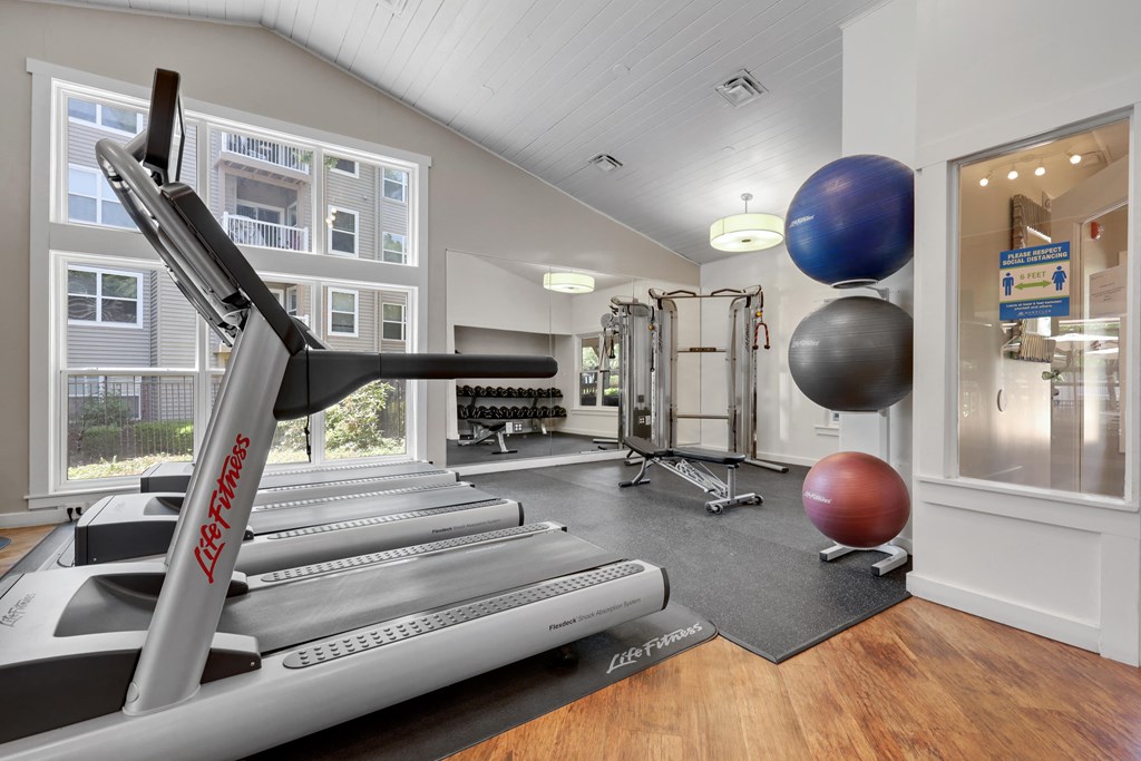gym with treadmills and exercise balls at the casey, 2100 delgany,