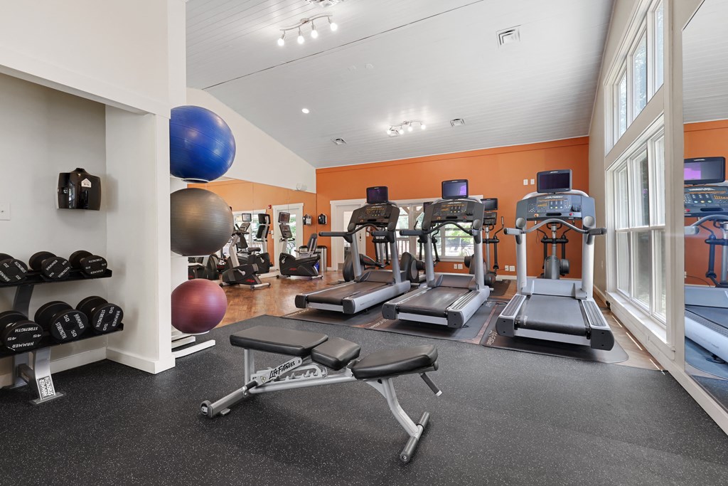 a gym with treadmills and other exercise equipment