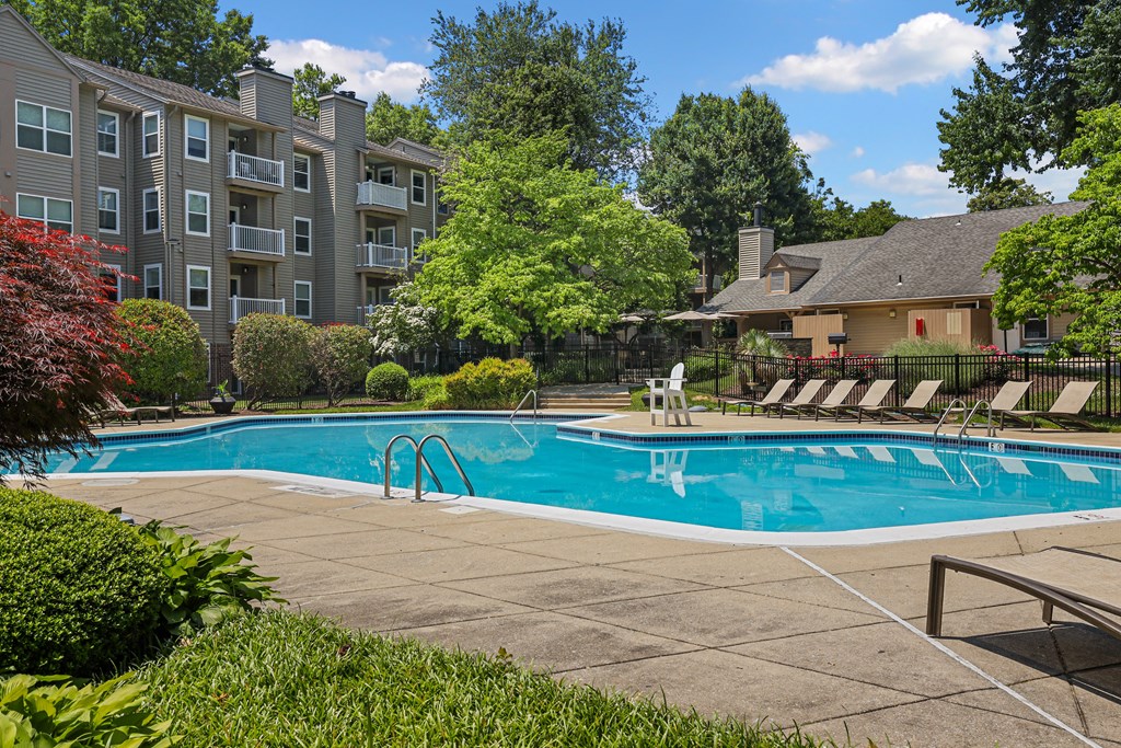 a swimming pool with lounge chairs and trees in the background