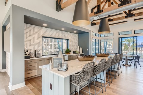 Communal kitchen with coffee bar at Cypress McKinney Falls in Austin, TX