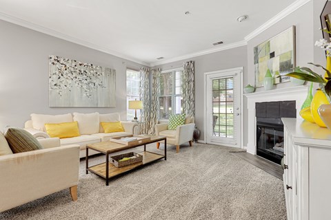 a living room filled with furniture and a fireplace