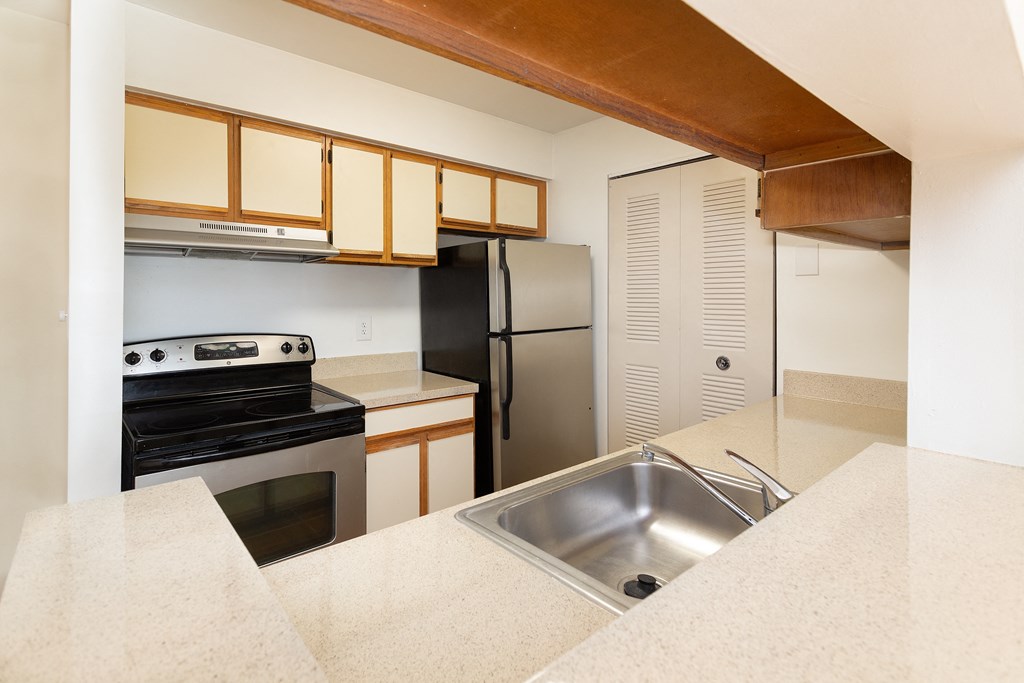 Kitchen with granite-style counters and ample storage space at Springwoods at Lake Ridge