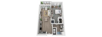 A4 1-bedroom/1-bathroom 3D floor plan layout with 817 square feet at The Retreat at Fairhope Village in Fairhope, AL
