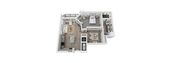 A5 1-bedroom/1-bathroom 3D floor plan layout with 1,036 square feet at The Retreat at Fairhope Village in Fairhope, AL