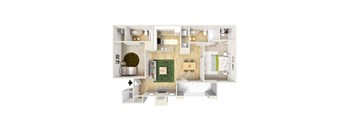 2-bedroom/2-bathroom floor plan layout with 1,200 square feet at Renaissance at Galleria apartments for rent in Hoover, AL
