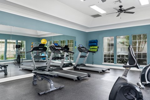 a home gym with treadmills and exercise bikes