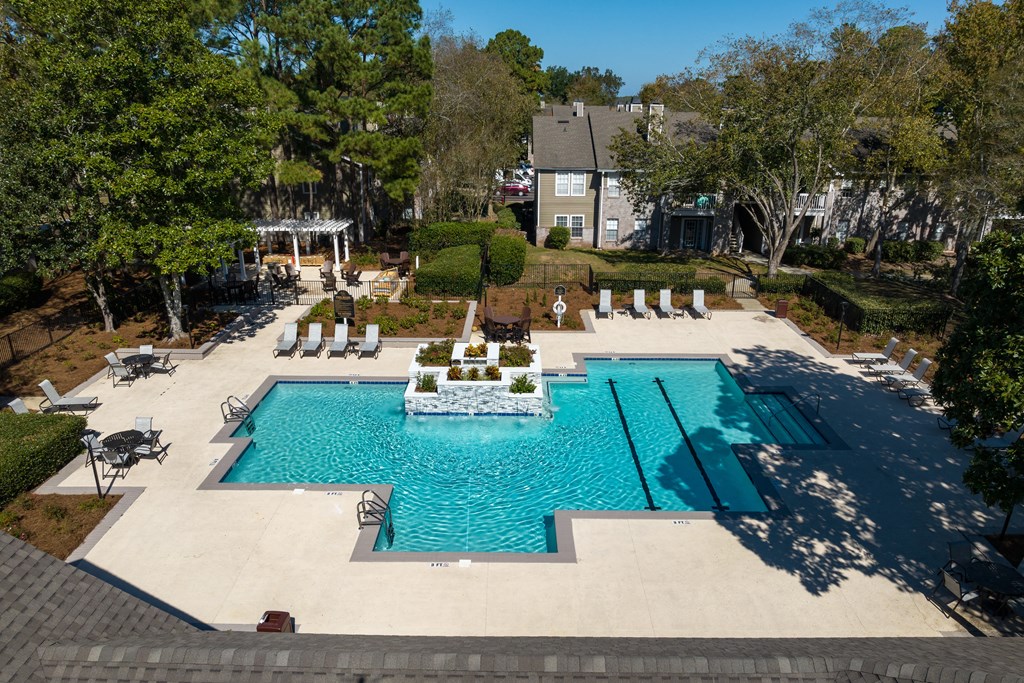a aerial view of the pool at the estates at johnsons landing apartments pool