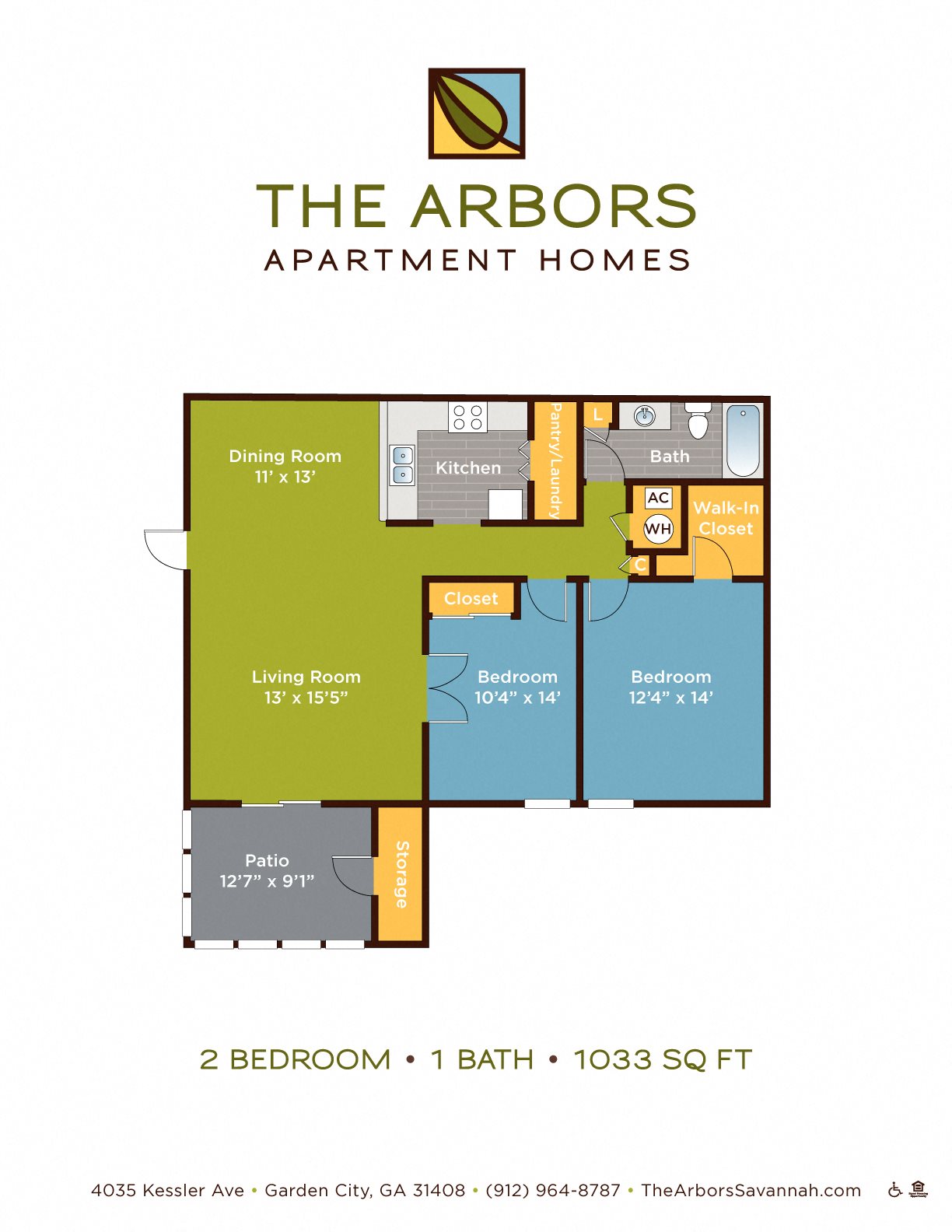 The Arbors two bedroom & one bathroom floor plan with 1033 square feet in Garden City, GA apartments