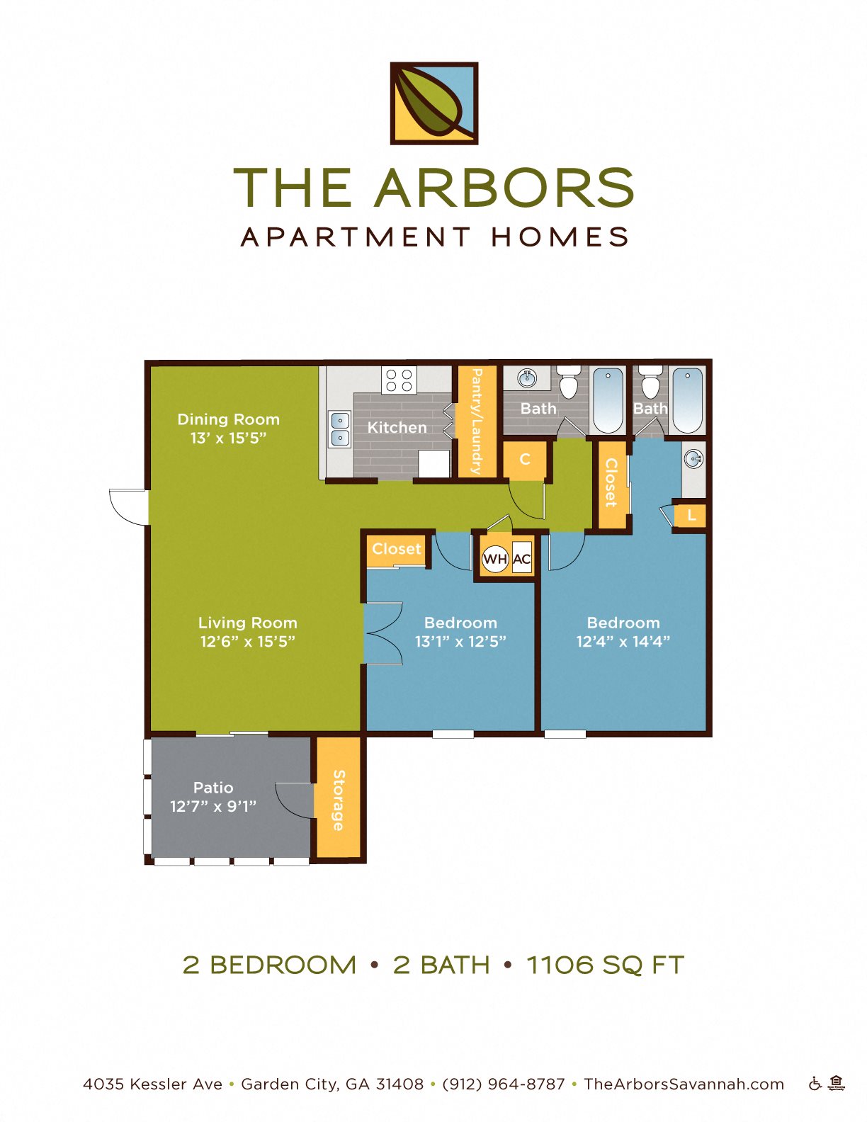 The Arbors two bedroom & two bathroom floor plan with 1106 square feet in Garden City, GA apartment rentals
