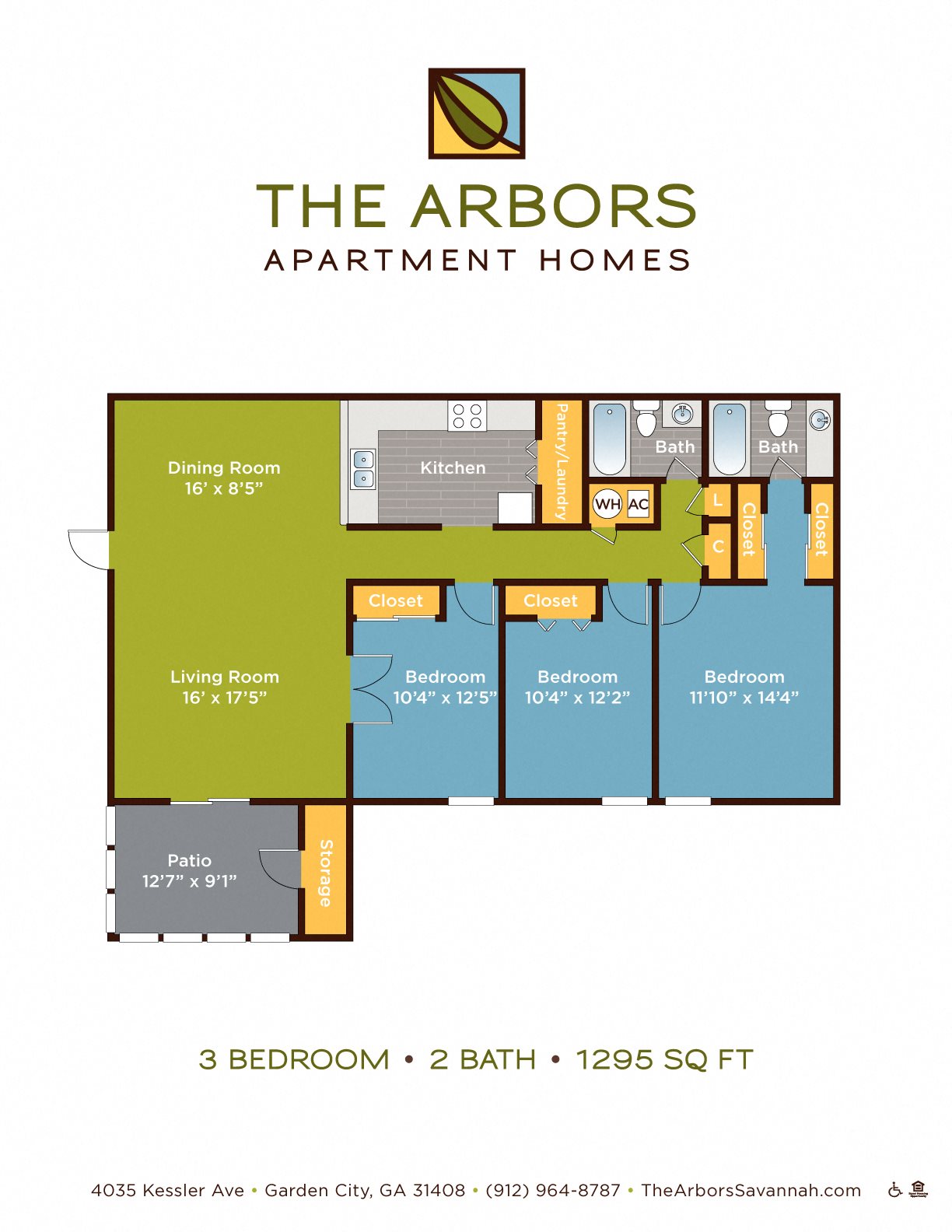 The Arbors three bedroom & two bathroom floor plan with 1295 square feet in Garden City, GA apartments for rent